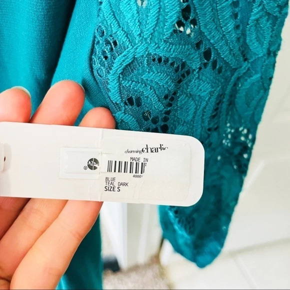 Charming Charlie Teal Aqua Lace Sleeve Shift Dress‎ Size Small - Picture 8 of 8